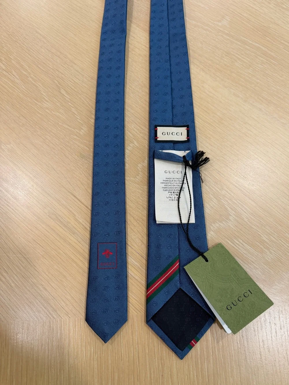 Gucci Blue Silk Tie with Green-Red Stripe Accent. Authentic